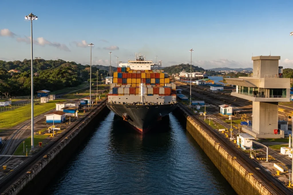 Container ship loaded with multicolored shipping containers navigating through Panama Canal lock with control tower and operational buildings
